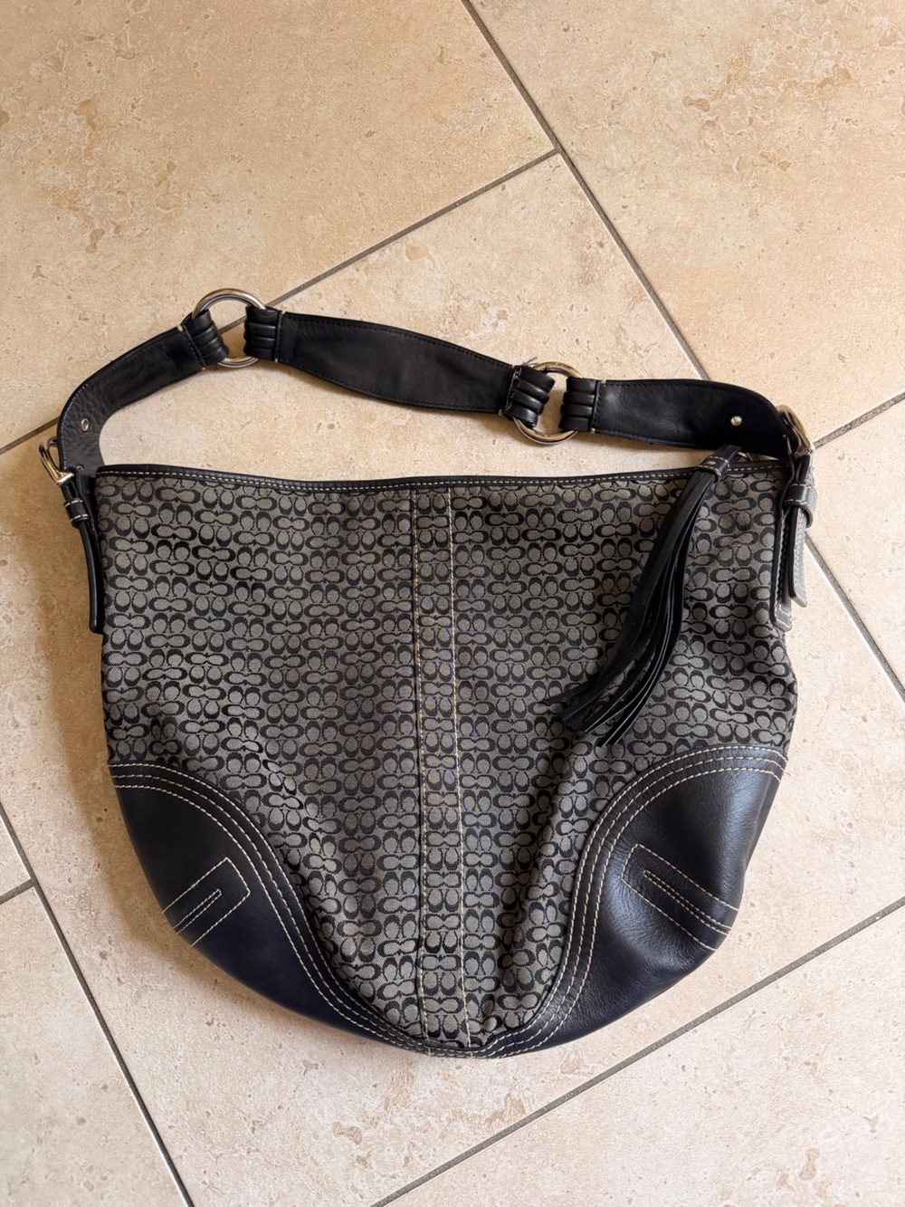 Vintage Coach 2158 Signature C Jacquard + Leather Black Hobo Y2K 2000s Boho